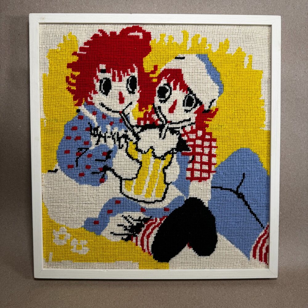 VTG Raggedy Ann and Andy Needlepoint Framed Wall Art 70s Handmade Cross Stitch
